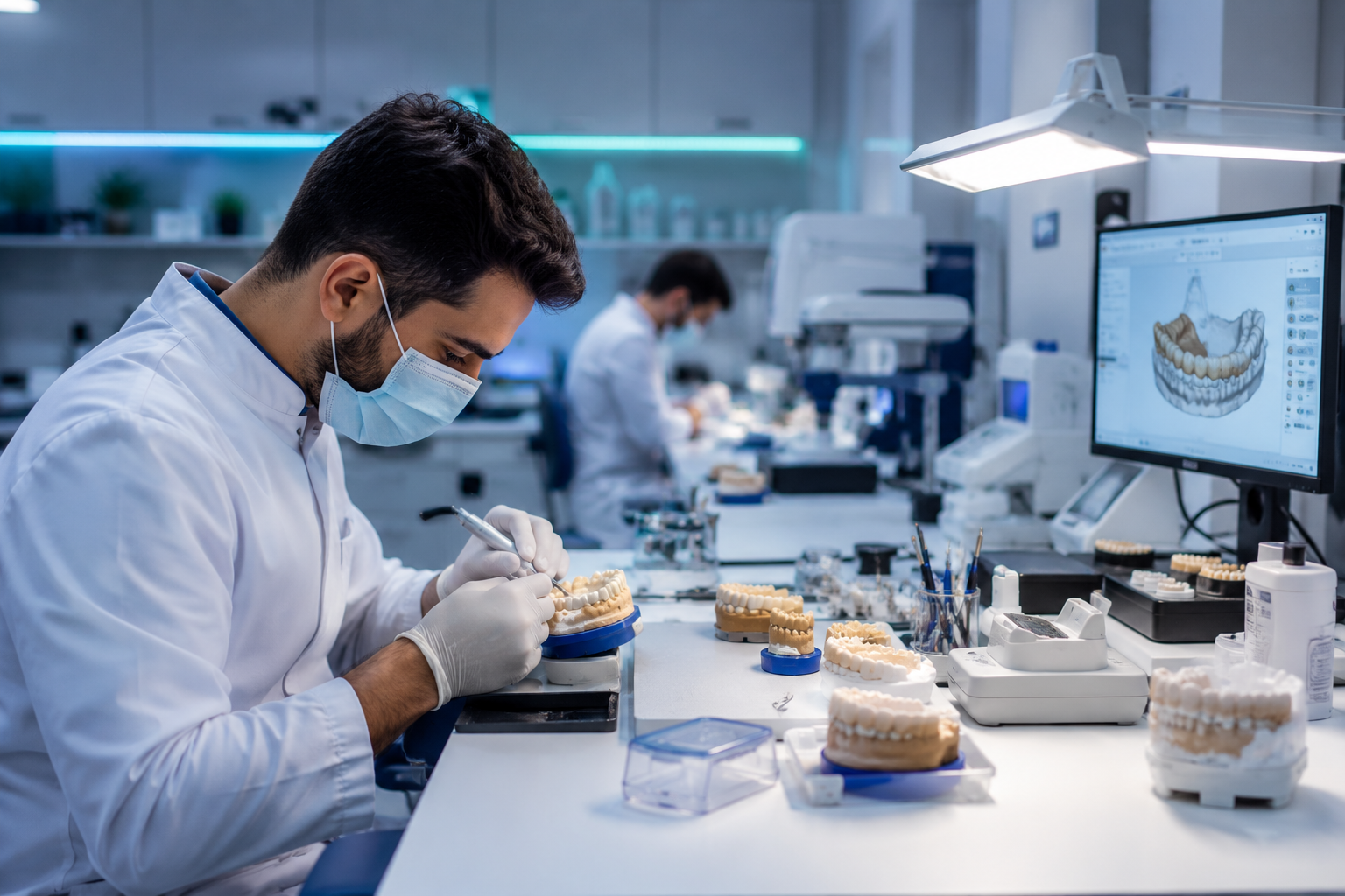Technicien MOLERDENT travaillant sur une prothèse dentaire en zircone dans le laboratoire